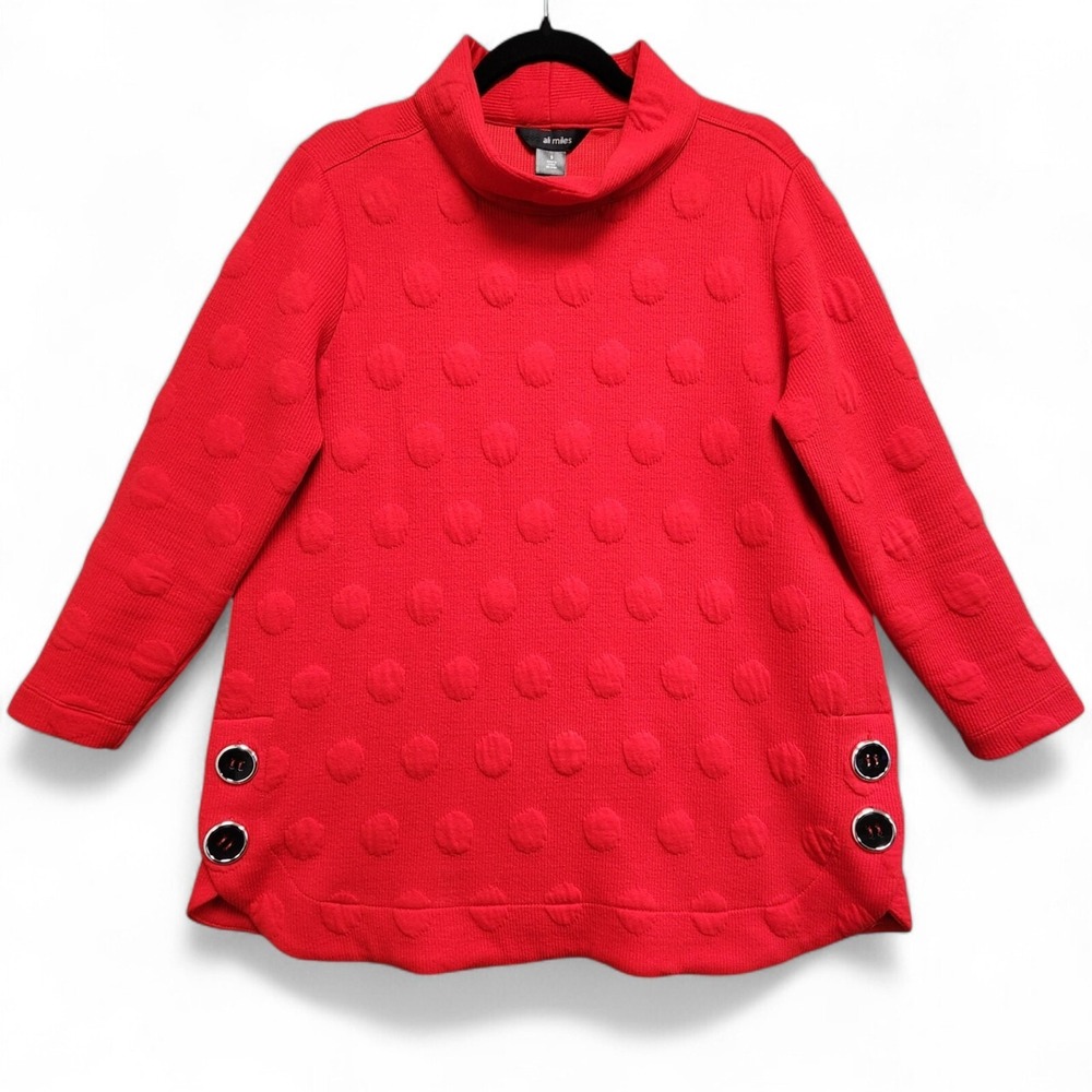 Ali Miles Sweater Tunic Womens Small Red‎ Textured Buttons Lagenlook Oversized